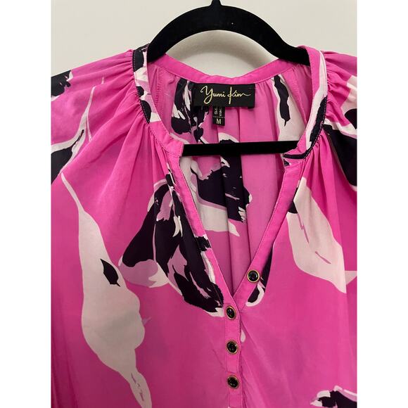 Anthropologie‎ Yumi Kim Pink Modern Barbie 100% Silk Floral Smocked Top M - Picture 6 of 8